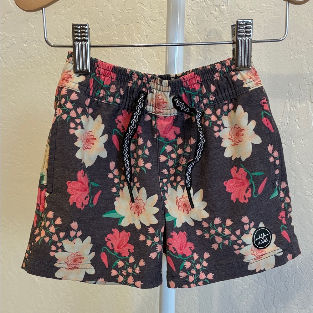 Kids Floral Swim Trunks - Black with Pink & Cream Flowers